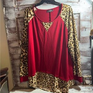 Leopard Print Red Long Sleeve Blouse